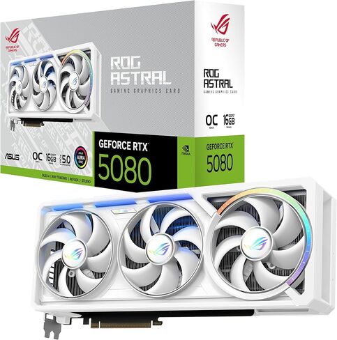 ASUS ROG Astral GeForce RTX™ 5080 16GB GDDR7 White OC Edition - بطاقة رسومات رباعية المروحة توفر تدفق هواء وضغط هواء غير مسبوق لأداء مثالي in Saudi Arabia