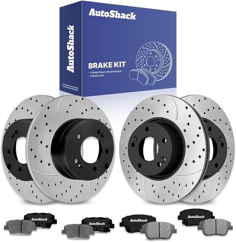 دوارات الفرامل الأمامية والخلفية من AutoShack بديلة وسادات الفرامل السيراميكية الممتازة لـ 2011-2015 Hyundai Sonata 2011-2016 Kia Optima 2.0L 2.4L FWD مطلية بمجموعة فرامل 12 قطعة ArmorStop in Saudi Arabia