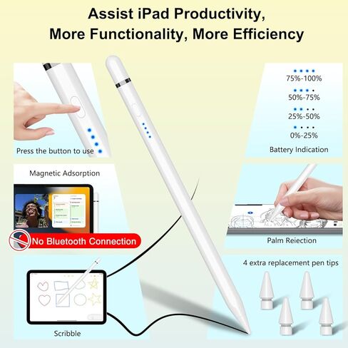 قلم الجيل الأول لجهاز iPad A16 (2025-2018)، قلم رصاص USB C شحن سريع ومغناطيسي مع حساسية للإمالة ورفض راحة اليد لجهاز iPad Air 3/4/5/M2/M3، Mini 5/6/7، i-Pad 6-11، Pro 11/12.9"/M4 (أبيض) in Kuwait