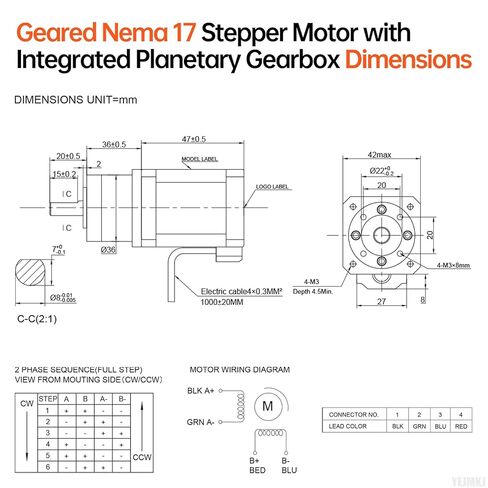 13.73:1 Geared Nema 17 Stepper Motor with Integrated Planetary Gearbox 2 Phase 1.8‌°‌ 0.55Nm(77.89oz·in) High Torque Bipolar 2Ω 1.7A 83mm 4-Lead Shaft 20mm φ8mm Cable 1M 3D Printer DIY CNC in Kuwait