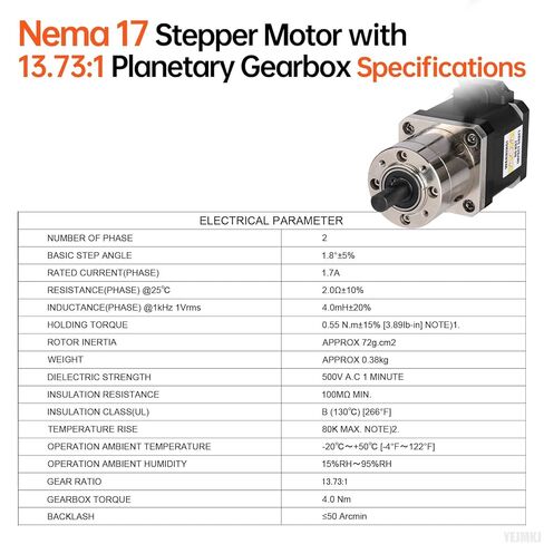 13.73:1 Geared Nema 17 Stepper Motor with Integrated Planetary Gearbox 2 Phase 1.8‌°‌ 0.55Nm(77.89oz·in) High Torque Bipolar 2Ω 1.7A 83mm 4-Lead Shaft 20mm φ8mm Cable 1M 3D Printer DIY CNC in Kuwait