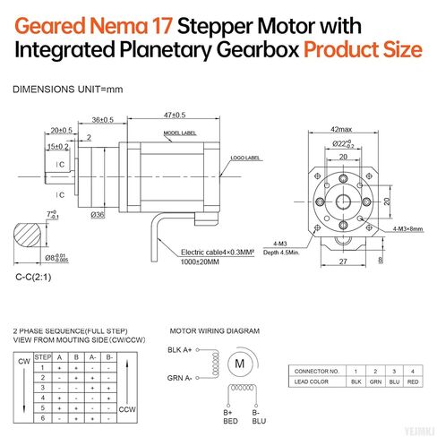 19.19:1 Geared Nema 17 Stepper Motor with Integrated Planetary Gearbox 1.8‌°‌ 2 Phase High Torque 0.55Nm(77.89oz·in) Bipolar 1.7A 2Ω 83mm 4-Lead Shaft 20mm φ8mm Cable 1M 3D Printer DIY CNC in Kuwait