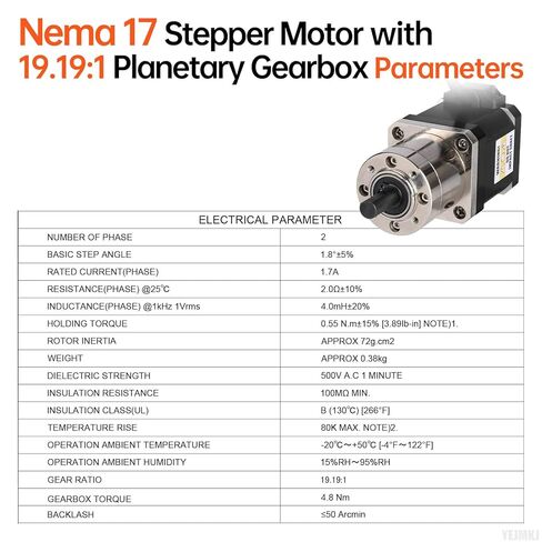 19.19:1 Geared Nema 17 Stepper Motor with Integrated Planetary Gearbox 1.8‌°‌ 2 Phase High Torque 0.55Nm(77.89oz·in) Bipolar 1.7A 2Ω 83mm 4-Lead Shaft 20mm φ8mm Cable 1M 3D Printer DIY CNC in Kuwait