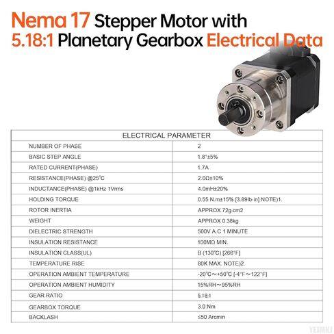 5.18:1 Geared Nema 17 Stepper Motor with Integrated Planetary Gearbox 1.8‌°‌ 2 Phase High Torque 0.55Nm(77.89oz·in) Bipolar 1.7A 2Ω 77mm 4-Lead Shaft 20mm φ8mm Cable 1M 3D Printer DIY CNC in Kuwait