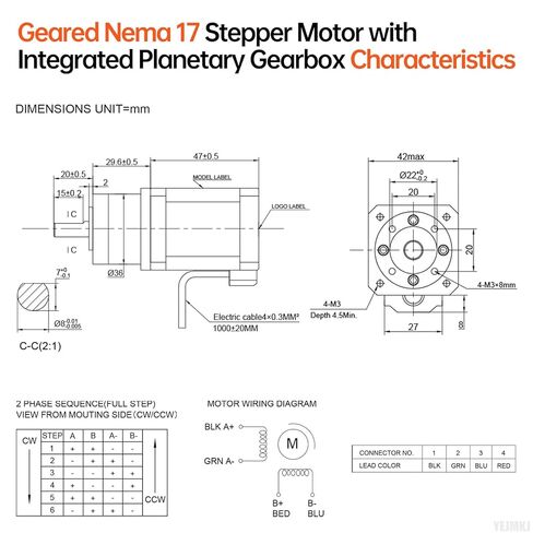 5.18:1 Geared Nema 17 Stepper Motor with Integrated Planetary Gearbox 1.8‌°‌ 2 Phase High Torque 0.55Nm(77.89oz·in) Bipolar 1.7A 2Ω 77mm 4-Lead Shaft 20mm φ8mm Cable 1M 3D Printer DIY CNC in Kuwait
