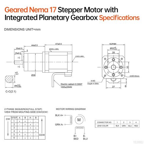 99.05:1 Geared Nema 17 Stepper Motor with Integrated Planetary Gearbox 1.8‌°‌ 2 Phase High Torque 0.55Nm(77.89oz·in) Bipolar 1.7A 2Ω 91mm 4-Lead Shaft 20mm φ8mm Cable 1M 3D Printer DIY CNC in Kuwait