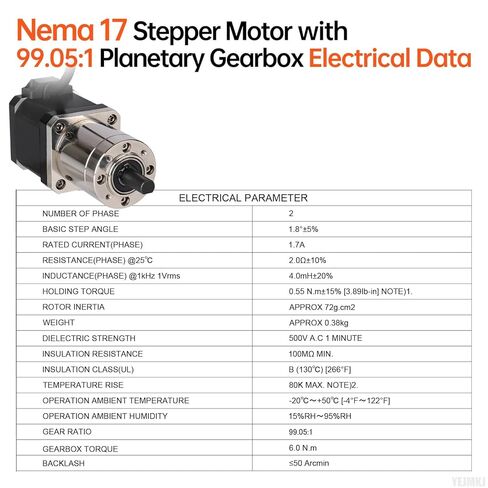 99.05:1 Geared Nema 17 Stepper Motor with Integrated Planetary Gearbox 1.8‌°‌ 2 Phase High Torque 0.55Nm(77.89oz·in) Bipolar 1.7A 2Ω 91mm 4-Lead Shaft 20mm φ8mm Cable 1M 3D Printer DIY CNC in Kuwait