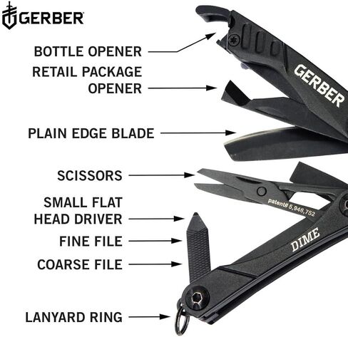 Gerber Gear Dime 12-in-1 Mini EDC Multitool - Needle Nose Pliers, Pocket Knife, Keychain, Bottle Opener - Gifts for Men, EDC Gear and Equipment - Black in Saudi Arabia