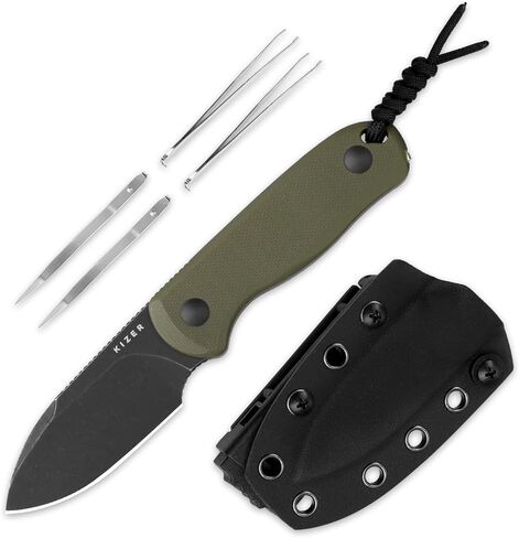 سكين Kizer Drop Bear ذو نصل ثابت، 2.57 بوصة سكين تخييم أسود Stonewash D2 Blade EDC مع مقبض G10 أخضر زيتوني وأداة مخفية، سكاكين بقاء صيد تانغ كاملة مع غمد كيديكس قابل للتعديل، 1094M1 in Kuwait