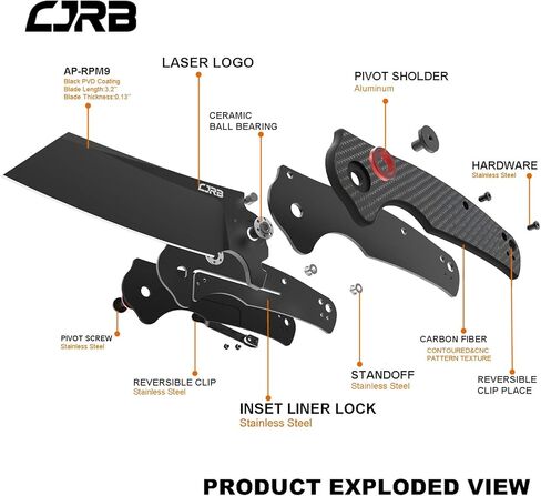 سكين جيب CJRB Crag قابل للطي، 3.43 بوصة AR-RPM9 شفرة فولاذية بمقبض من ألياف الكربون سكين EDC مع مشبك جيب للرجال والنساء والتخييم والمشي لمسافات طويلة، أسود (J1904) in Kuwait