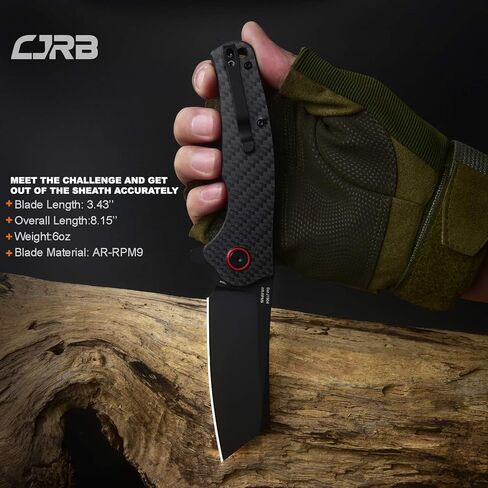 سكين جيب CJRB Crag قابل للطي، 3.43 بوصة AR-RPM9 شفرة فولاذية بمقبض من ألياف الكربون سكين EDC مع مشبك جيب للرجال والنساء والتخييم والمشي لمسافات طويلة، أسود (J1904) in Kuwait
