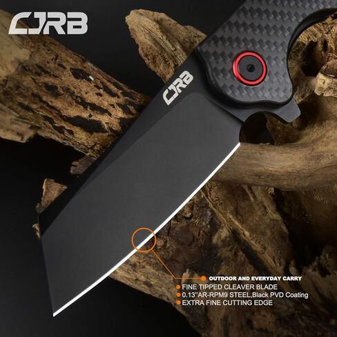 سكين جيب CJRB Crag قابل للطي، 3.43 بوصة AR-RPM9 شفرة فولاذية بمقبض من ألياف الكربون سكين EDC مع مشبك جيب للرجال والنساء والتخييم والمشي لمسافات طويلة، أسود (J1904) in Kuwait