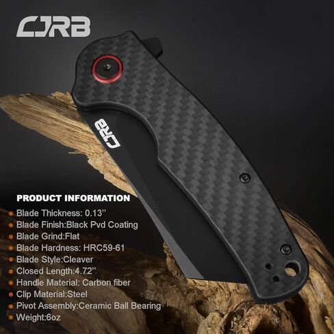 سكين جيب CJRB Crag قابل للطي، 3.43 بوصة AR-RPM9 شفرة فولاذية بمقبض من ألياف الكربون سكين EDC مع مشبك جيب للرجال والنساء والتخييم والمشي لمسافات طويلة، أسود (J1904) in Kuwait