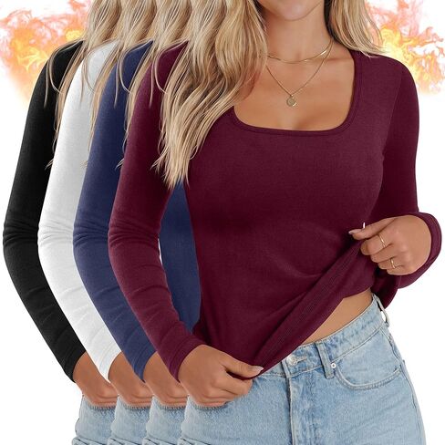 Huukeay 4 Pack Women's Thermal Long Sleeve Shirt Square Neck Fleece Slim Warm Winter Tops Casual Fashion Base Layer in Saudi Arabia