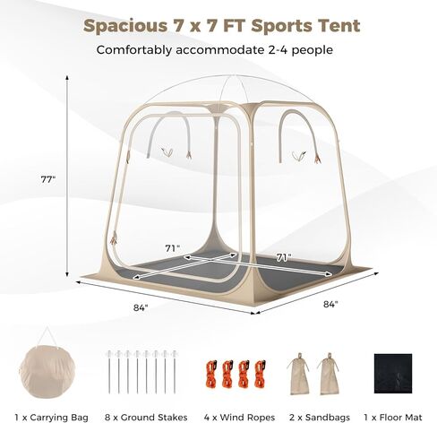 Tangkula All Weather Sports Tent for 2-4 People, 7x7 Ft Pop Up Outdoor Clear Bubble Tent with Waterproof Tarp Floor, Stakes, Wind Ropes, Sandbags, Carrying Bag for Sports Fishing Camping Cheering in Saudi Arabia