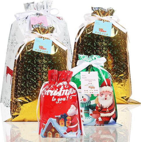 FYIN-HONG 12Pcs Christmas Gift Bags with Drawstring, Large Christmas Wrapping Bags with Tags, Assorted Sizes Small Medium Large Plastic Foil Holiday Gift Bags for Party Present Wrapping in Saudi Arabia