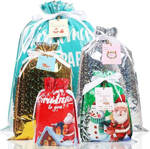 FYIN-HONG 12Pcs Christmas Gift Bags with Drawstring, Large Christmas Wrapping Bags with Tags, Assorted Sizes Small Medium Large Plastic Foil Holiday Gift Bags for Party Present Wrapping in Saudi Arabia