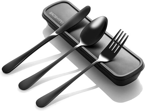 Portable Utensils Set with Case, 4pcs Stainless Steel Reusable Silverware for Lunch Camping School Picnic Workplace Travel, Lunch Box Includ Fork Spoon Knife,Easy to clean,Dishwasher Safe(Black) in Saudi Arabia
