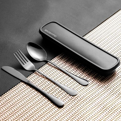 Portable Utensils Set with Case, 4pcs Stainless Steel Reusable Silverware for Lunch Camping School Picnic Workplace Travel, Lunch Box Includ Fork Spoon Knife,Easy to clean,Dishwasher Safe(Black) in Saudi Arabia