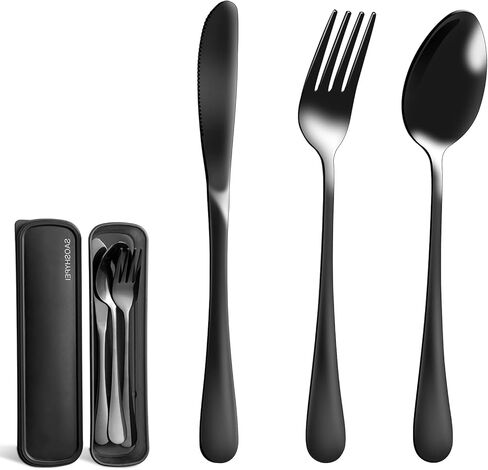 Portable Utensils Set with Case, 4pcs Stainless Steel Reusable Silverware for Lunch Camping School Picnic Workplace Travel, Lunch Box Includ Fork Spoon Knife,Easy to clean,Dishwasher Safe(Black) in Saudi Arabia