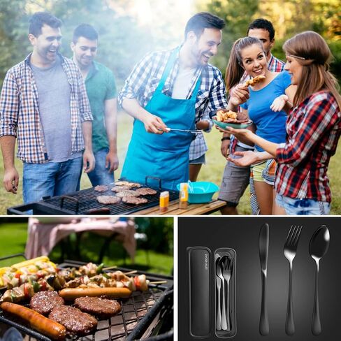 Portable Utensils Set with Case, 4pcs Stainless Steel Reusable Silverware for Lunch Camping School Picnic Workplace Travel, Lunch Box Includ Fork Spoon Knife,Easy to clean,Dishwasher Safe(Black) in Saudi Arabia