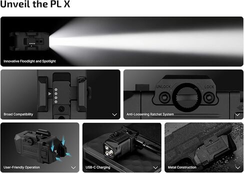 OLIGHT PL X Tactical Flashlight Rechargeable USB-C Dual Beams Strobe Combo 22,500 Candelas Spotlight and 1,200 Lumens Floodlight Adjustable & Reversible Lugs, for 1913 / GL Rail Mount (Matte Black) in Saudi Arabia