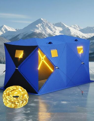 Garvee Pop Up Ice Fishing Shelter and Insulated Ice Fishing Tent with 49ft LED Light Strip, Windproof Portable Hub Design, Fits 1-8 People, 25-69 sq ft Fishable Area in Saudi Arabia