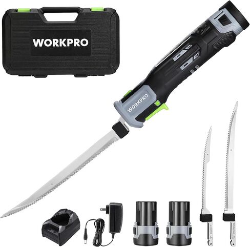 سكين فيليه كهربائي لاسلكي WORKPRO 12 فولت مع شفرات حادة مقاس 8 بوصات و10 بوصات، سكين فيليه لاسلكي مع مقبض غير قابل للانزلاق وقفل أمان، عبوتان من البطاريات القابلة لإعادة الشحن، 1 شاحن بطارية سريع، و1 حقيبة تخزين لصيد الأسماك والتصفية والخروج in Saudi Arabia