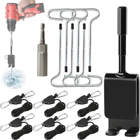Universal Ice Anchor Tool Kit for Ice Fishing - Includes Ice Anchor Drill Adapter, 6 Ice Fishing Tent Stakes, 6 Rope Hangers & 1/4" Adapter Head, Ideal for Setting Up Ice Fishing Shelter Tent in Kuwait