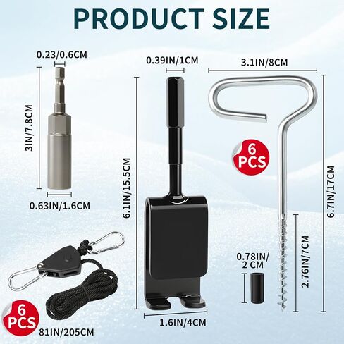 Universal Ice Anchor Tool Kit for Ice Fishing - Includes Ice Anchor Drill Adapter, 6 Ice Fishing Tent Stakes, 6 Rope Hangers & 1/4" Adapter Head, Ideal for Setting Up Ice Fishing Shelter Tent in Kuwait
