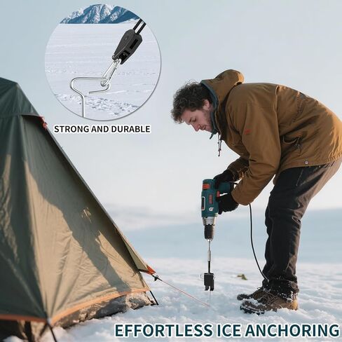 Universal Ice Anchor Tool Kit for Ice Fishing - Includes Ice Anchor Drill Adapter, 6 Ice Fishing Tent Stakes, 6 Rope Hangers & 1/4" Adapter Head, Ideal for Setting Up Ice Fishing Shelter Tent in Kuwait