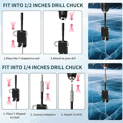 Universal Ice Anchor Tool Kit for Ice Fishing - Includes Ice Anchor Drill Adapter, 6 Ice Fishing Tent Stakes, 6 Rope Hangers & 1/4" Adapter Head, Ideal for Setting Up Ice Fishing Shelter Tent in Kuwait