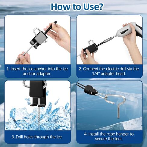 Housolution Ice Anchor Tool Kit, 20Pcs Universal Ice Fishing Shelter Tools with 1/4" Adapter Head Anchor Drill Adapter, Tent Stakes, 13FT Ratchet Ropes, Tent Hooks, Setting Up Icing Shelters Tents in Saudi Arabia
