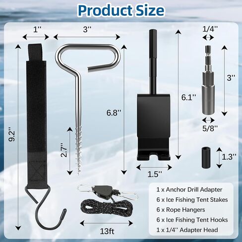 Housolution Ice Anchor Tool Kit, 20Pcs Universal Ice Fishing Shelter Tools with 1/4" Adapter Head Anchor Drill Adapter, Tent Stakes, 13FT Ratchet Ropes, Tent Hooks, Setting Up Icing Shelters Tents in Saudi Arabia