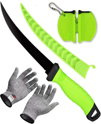 Fillet Knife, 7 Inches Professional Filet Knife for Fish, Stainless Steel Blade Fishing Knifes with Sharpener and Cutting Resistant Gloves, Fishing Stuff, Fishing Accessories, Green in Saudi Arabia