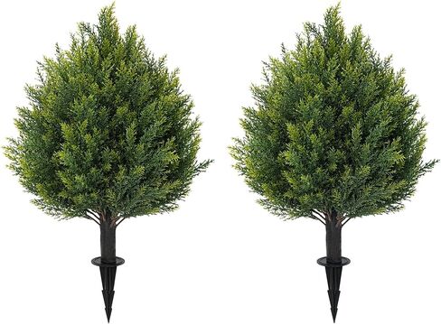 21'' Artificial Cedar Topiary Ball Trees with Ground Spike, 2 Pack Artificial Shrubs, UV Resistant Fake Plant Brush for Indoor Outdoor Front Porch Garden in Saudi Arabia