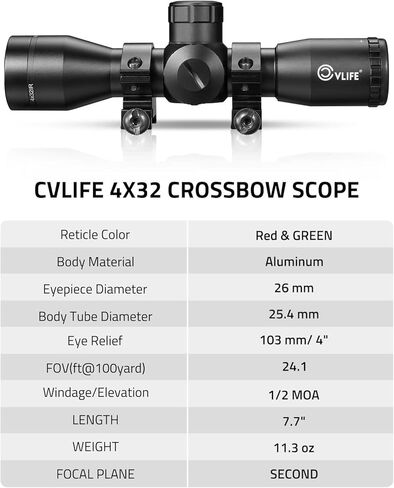 CVLIFE 4x32 نطاق القوس والنشاب، نطاقات القوس والنشاب المدمجة باللون الأحمر والأخضر المضيئة للصيد 20-100 ياردة، والدوائر وجهاز تحديد المدى البصري الزجاجي المحفور in Kuwait