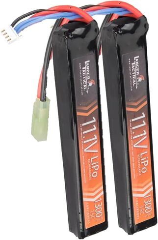 حزمة لانسر التكتيكية المكونة من عبوتين من بطارية LiPo Airsoft 11.1V 1300mAh 15C/20C Stick - موصل Tamiya/Dean، مصممة لـ Airsoft M4 (تتضمن حقيبة شحن آمنة) (عصا 1300mAh 20C - Dean Connector X2) in Kuwait