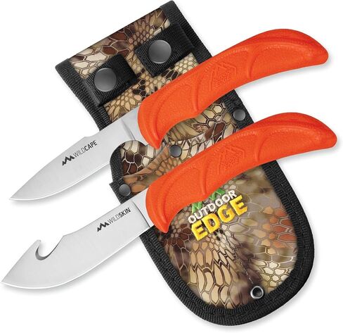 OUTDOOR EDGE WildGuide 4-Piece Hunting Knife Set & Field Dressing Kit | Featuring Razor-Sharp Caping Blade, Gut-Hook Skinning Knife, Bone Saw, in a Camo Nylon Belt Sheath | Butcher Knife Set for Deer in Saudi Arabia