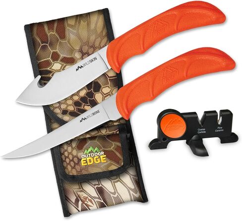 OUTDOOR EDGE WildGuide 4-Piece Hunting Knife Set & Field Dressing Kit | Featuring Razor-Sharp Caping Blade, Gut-Hook Skinning Knife, Bone Saw, in a Camo Nylon Belt Sheath | Butcher Knife Set for Deer in Saudi Arabia