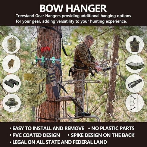 شماعات القوس بحزام Treestand - تأتي مع 4 خطافات معدنية للعتاد، لإكسسوارات الصيد لمنصة حامل الشجرة بدون أجزاء بلاستيكية، تتضمن حقيبة تخزين in Kuwait