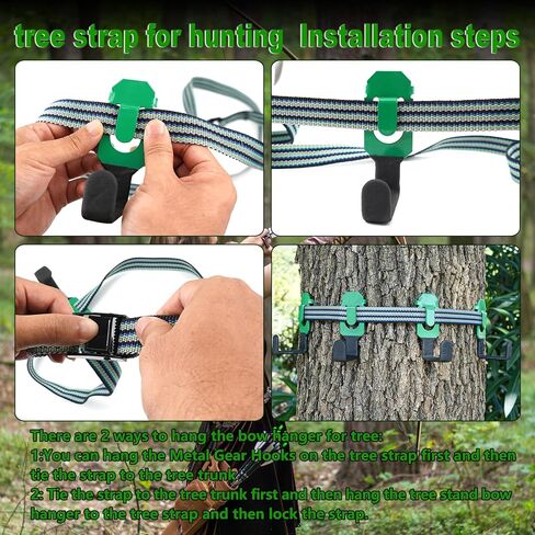 شماعات القوس بحزام Treestand - تأتي مع 4 خطافات معدنية للعتاد، لإكسسوارات الصيد لمنصة حامل الشجرة بدون أجزاء بلاستيكية، تتضمن حقيبة تخزين in Kuwait