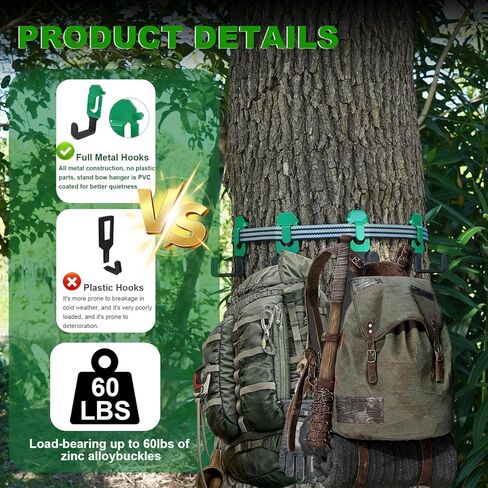 شماعات القوس بحزام Treestand - تأتي مع 4 خطافات معدنية للعتاد، لإكسسوارات الصيد لمنصة حامل الشجرة بدون أجزاء بلاستيكية، تتضمن حقيبة تخزين in Kuwait