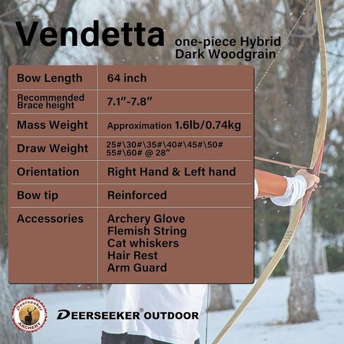 Deerseeker Archery 64 "Reflex Deflex Hybrid قطعة واحدة القوس الطويل التقليدي مع الخيزران الرقائقي وأطراف الألياف الزجاجية الشفافة اليد اليمنى / اليد اليسرى للبالغين 25-60 رطل in Kuwait