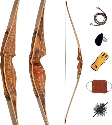 Deerseeker Archery 64 "Reflex Deflex Hybrid قطعة واحدة القوس الطويل التقليدي مع الخيزران الرقائقي وأطراف الألياف الزجاجية الشفافة اليد اليمنى / اليد اليسرى للبالغين 25-60 رطل in Kuwait