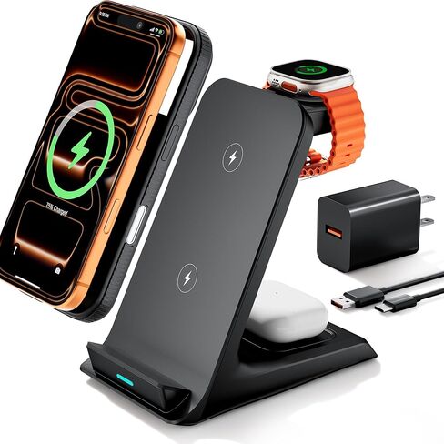 Wireless Charger for Thick Cases of 10MM/Otterbox/for Popsocket, 3 in 1 Charging Dock for iPhone 17 16 15 14 13 Pro Max, Charging Station for Multiple Devices for Apple Watch/AirPods in Kuwait