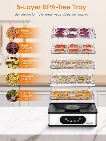 FOHERE Food Dehydrator, 5 BPA-Free Tray Dehydrators for Food and Jerky, Fruit, Herbs, Meat, Dog Treats, 48H Timer and 95-158°F Temperature Control, 400W Dehydrator Machine, 11.42" Stackable Trays in Saudi Arabia