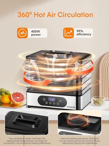 FOHERE Food Dehydrator, 5 BPA-Free Tray Dehydrators for Food and Jerky, Fruit, Herbs, Meat, Dog Treats, 48H Timer and 95-158°F Temperature Control, 400W Dehydrator Machine, 11.42" Stackable Trays in Saudi Arabia