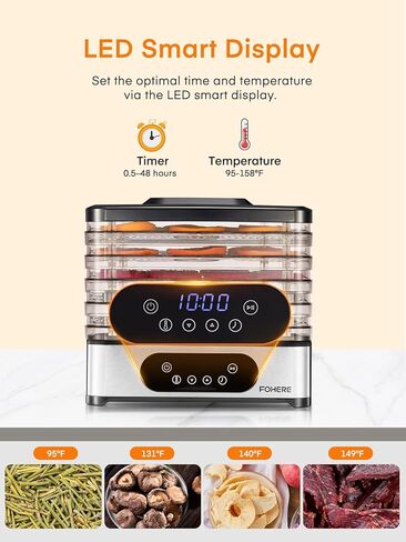 FOHERE Food Dehydrator, 5 BPA-Free Tray Dehydrators for Food and Jerky, Fruit, Herbs, Meat, Dog Treats, 48H Timer and 95-158°F Temperature Control, 400W Dehydrator Machine, 11.42" Stackable Trays in Saudi Arabia
