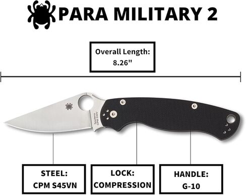 Spyderco Para Military 2 Folding Pocket Knife with 3.4" CPM S45VN Steel Blade and G-10 Handle - EDC Knife for Men and Women, Perfect for Hunting, Tactical, Camping, Survival - PlainEdge - C81GPBK2 in Saudi Arabia